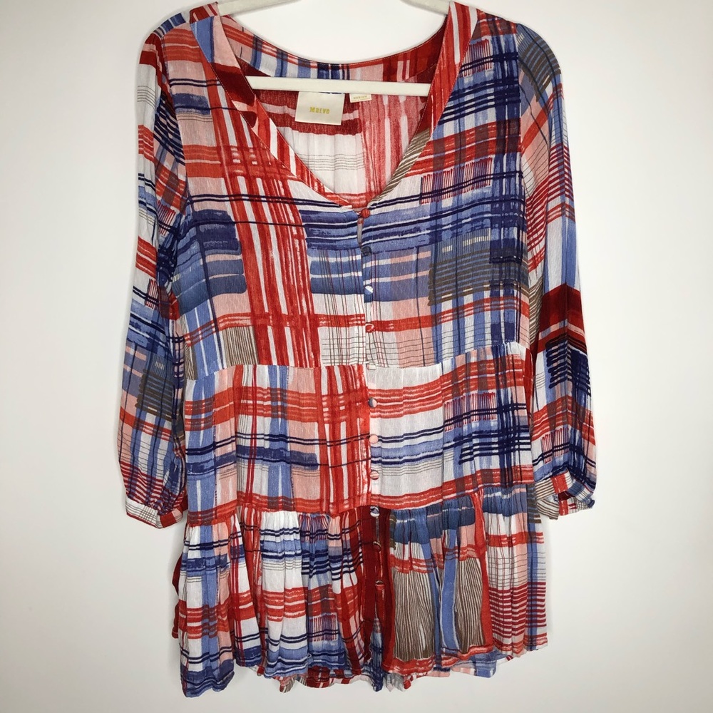 Maeve red, white and blue patchwork blouse